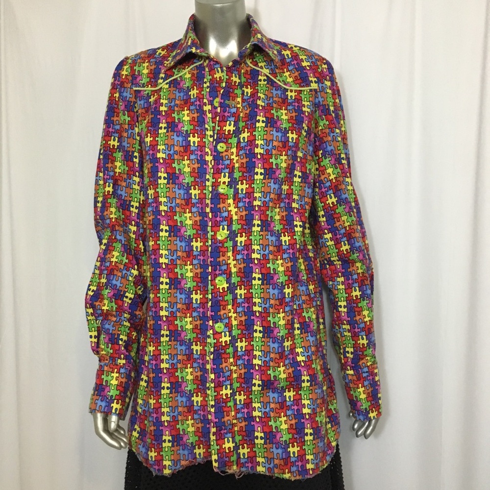 Burning Man EDM Rainbow Puzzle Dress Shirt Men S
